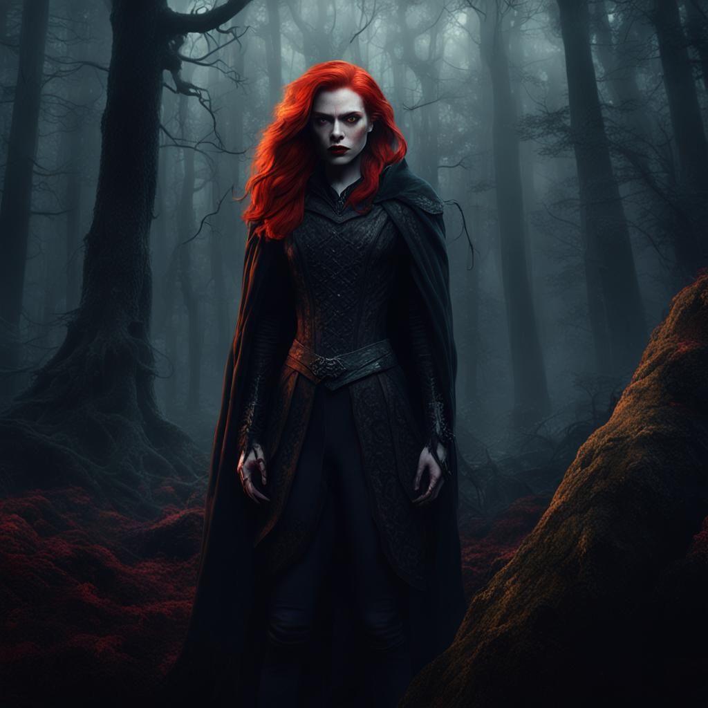 Redheaded Vampire in Misty Forest: Fantasy Concept Art