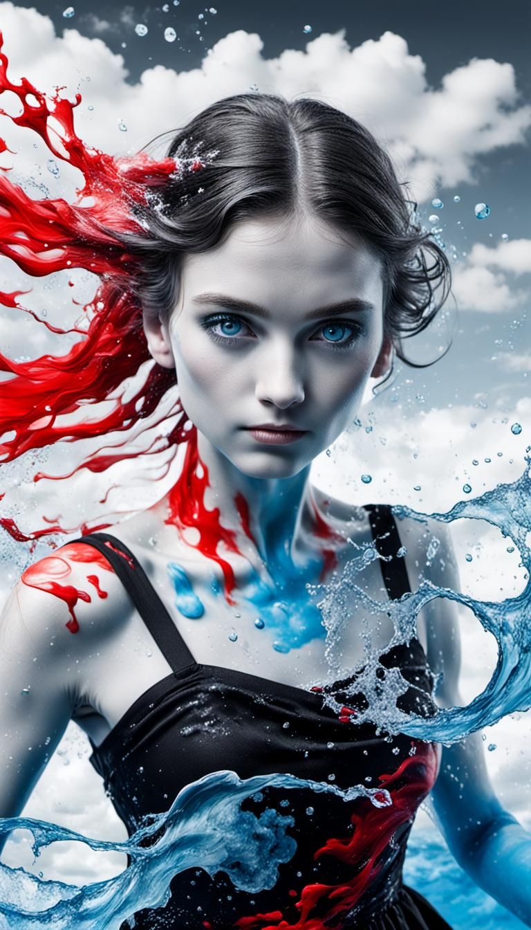 Ethereal Water Dress Portrait in Black, White, and Red