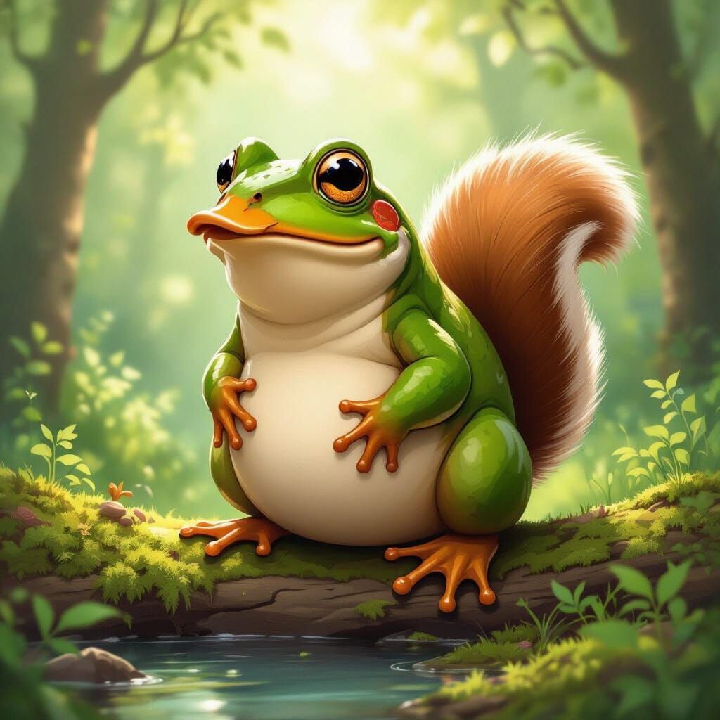 Surreal Frog Duck Squirrel Hybrid Creature in Forest