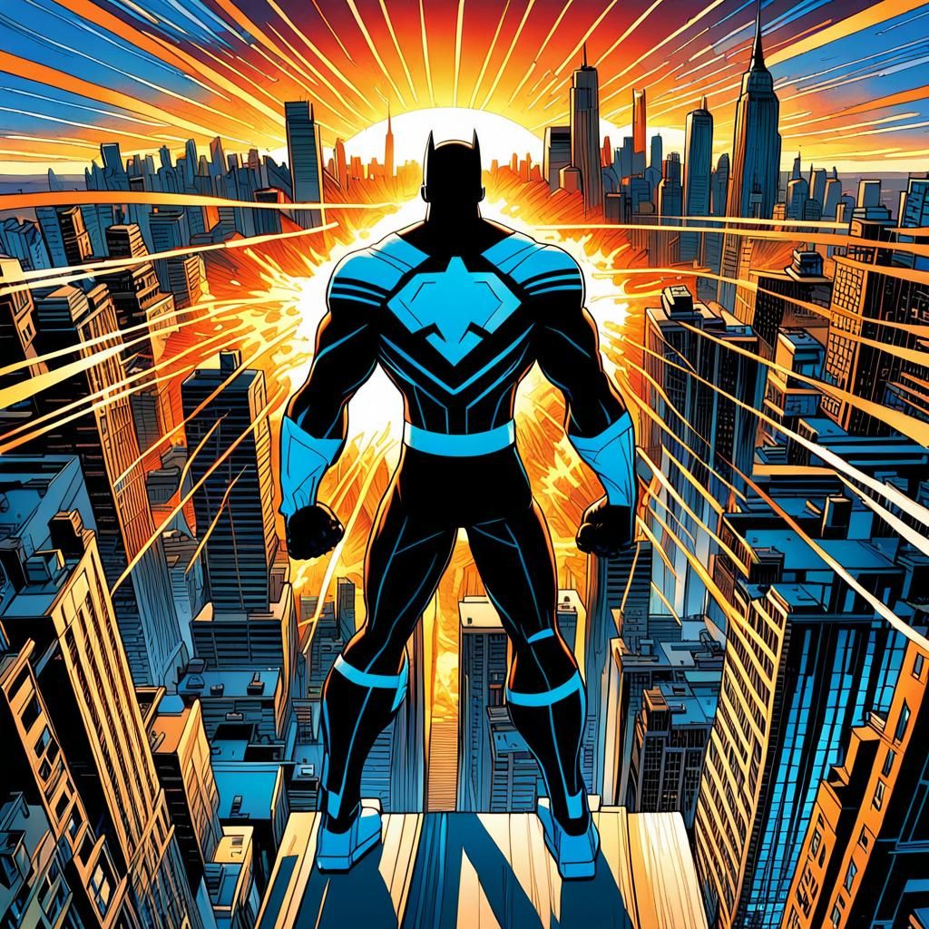 Superhero in Cityscape, Comic Book Art Style