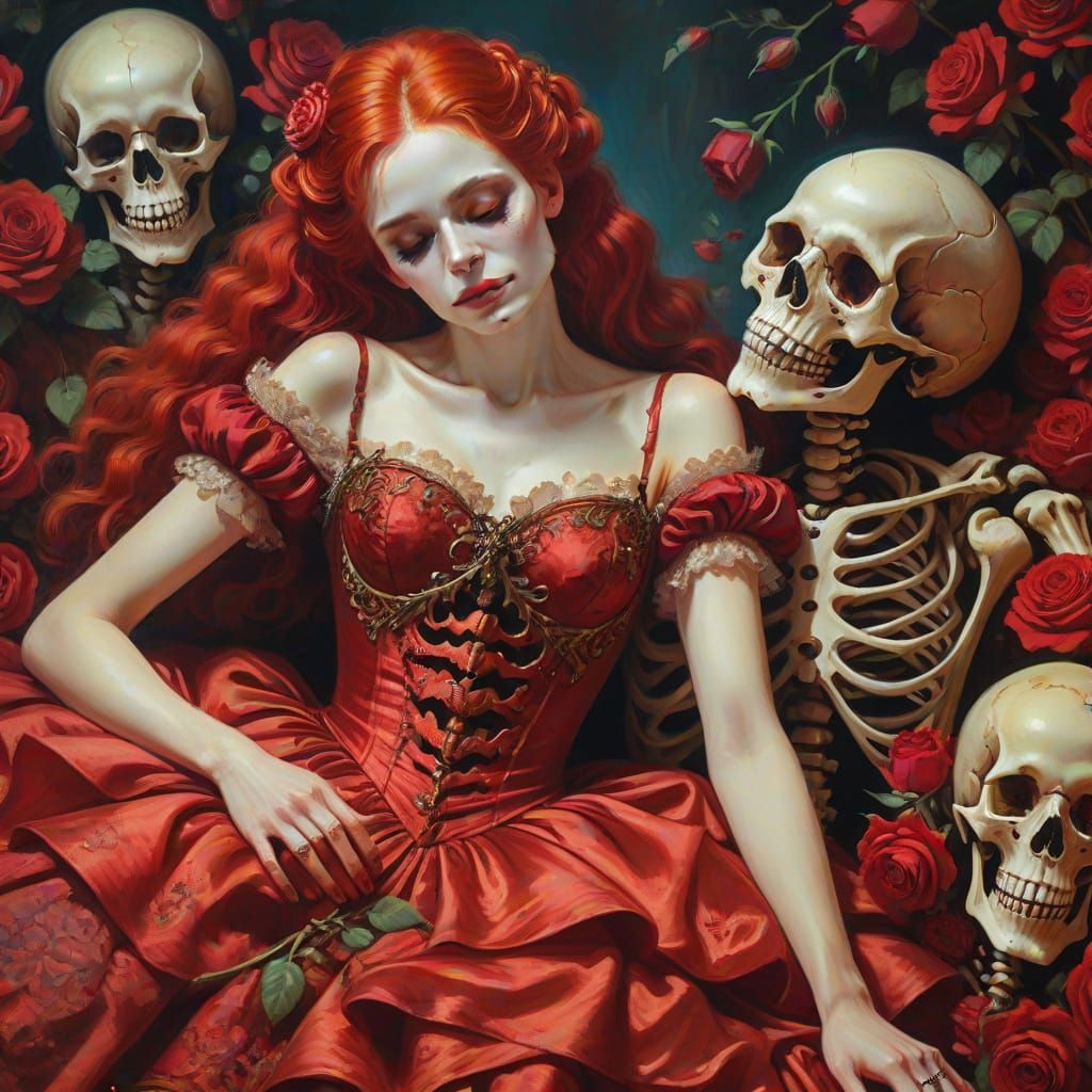 Woman in Crimson Robes Amidst Red Roses in a Rococo Masterpi...