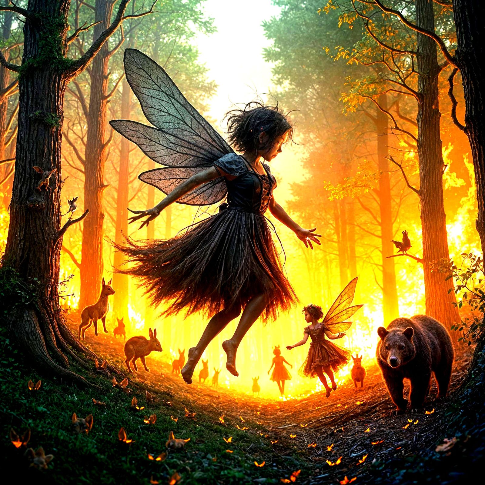 Dark Fairies Fleeing Burning Autumn Forest