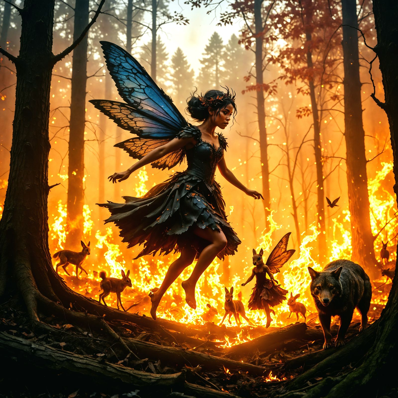 Fairies Fleeing Burning Autumn Forest