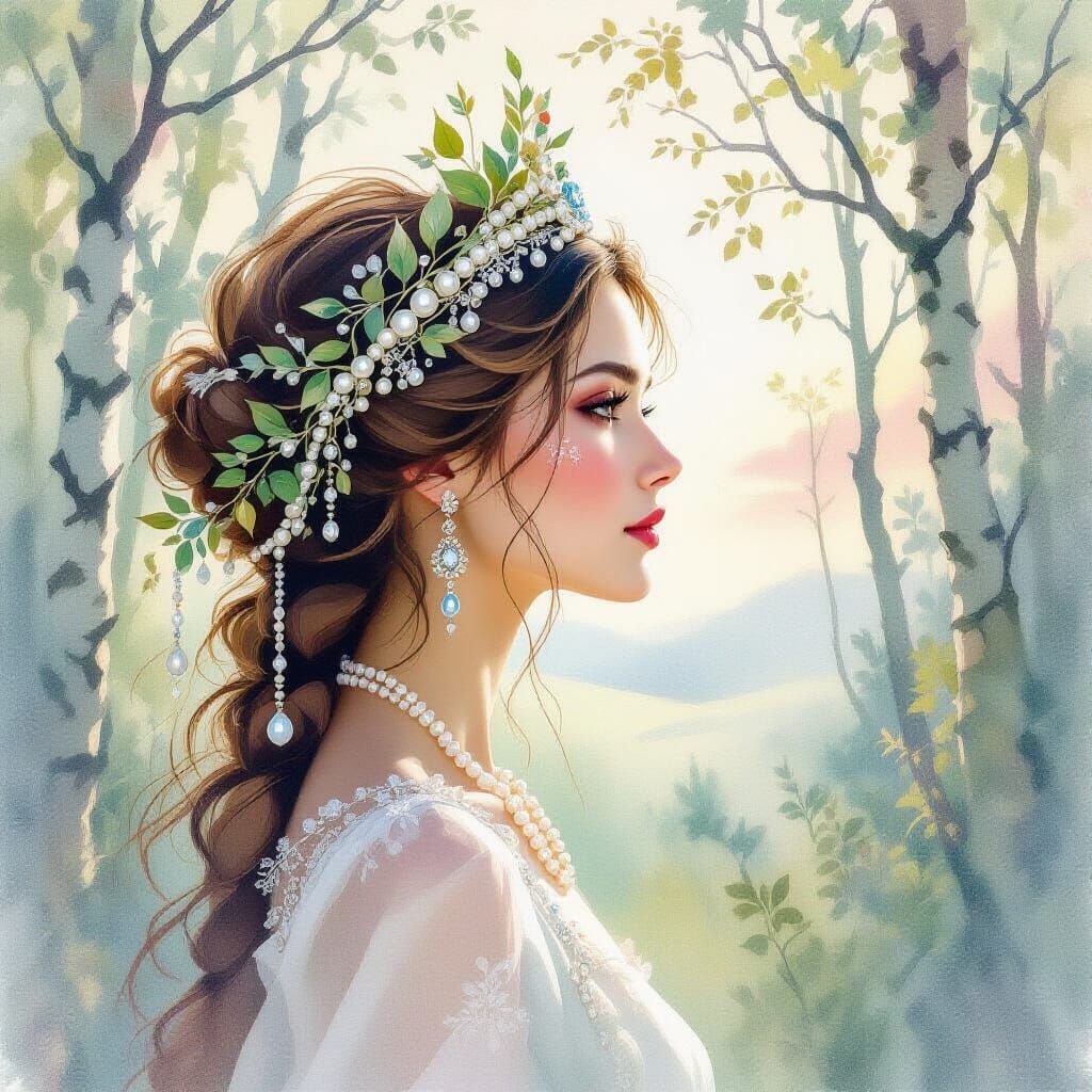 Majestic Woman in Forest, Watercolor Style