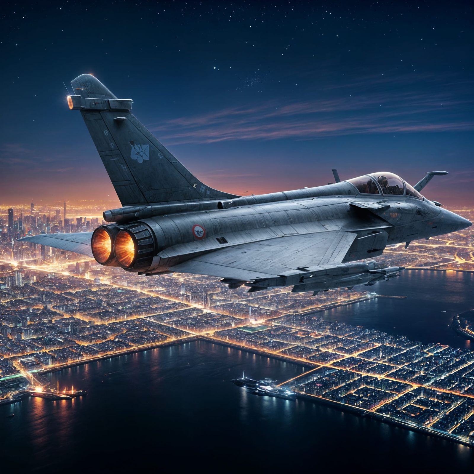 Dassault Rafale, highly advanced flying over a neon city at midnight; ultra-high resolution, detailed colour palate; oth...
