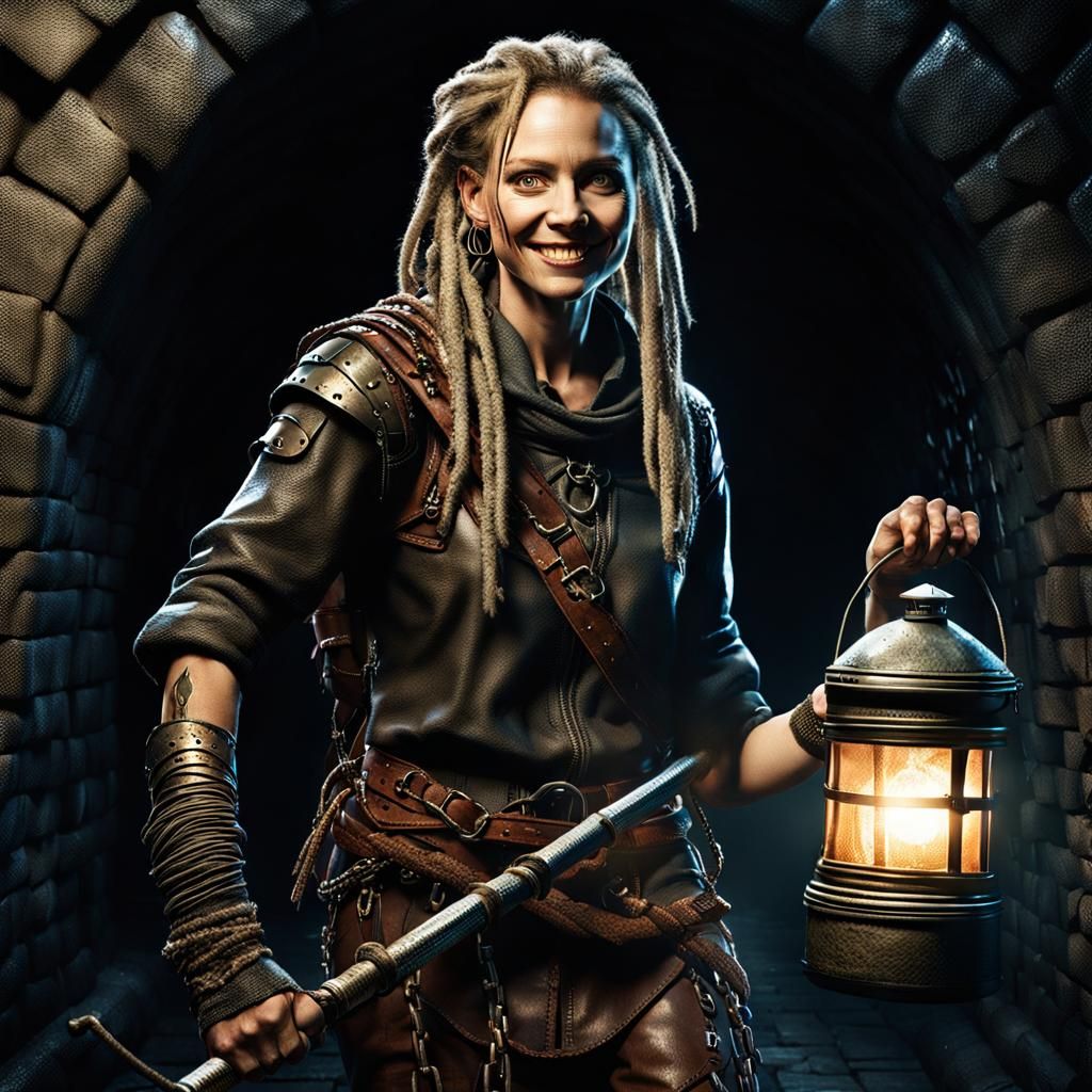 Woman Warrior with Spear in Dark Sewers