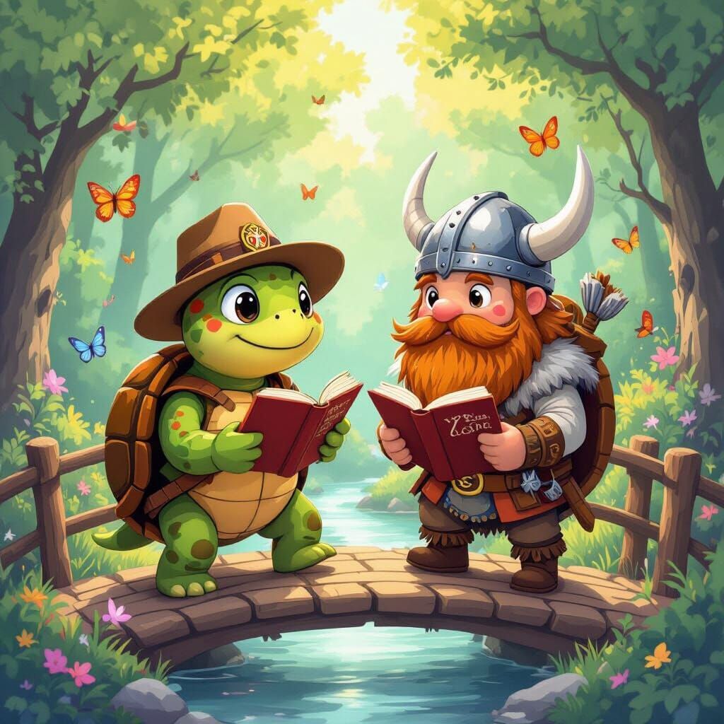 Turtle and Viking Reading in Whimsical Forest