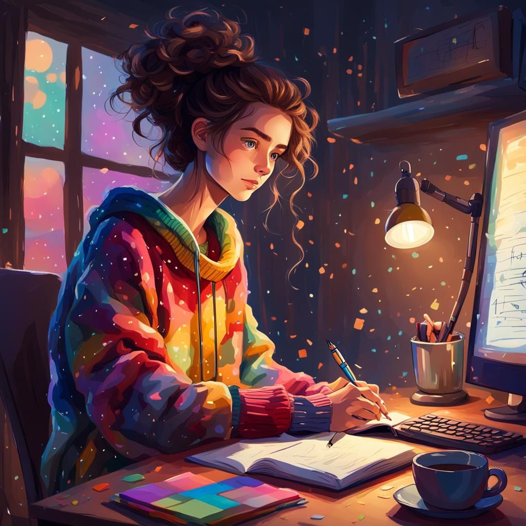 Slender Girl Writes at Computer at Night