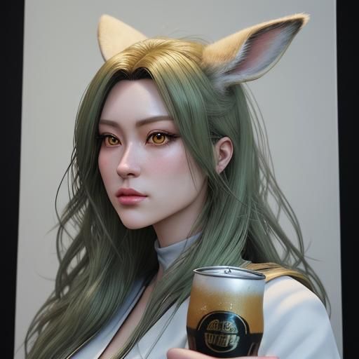Anime Girl with Hare Drinking Beer in 3D