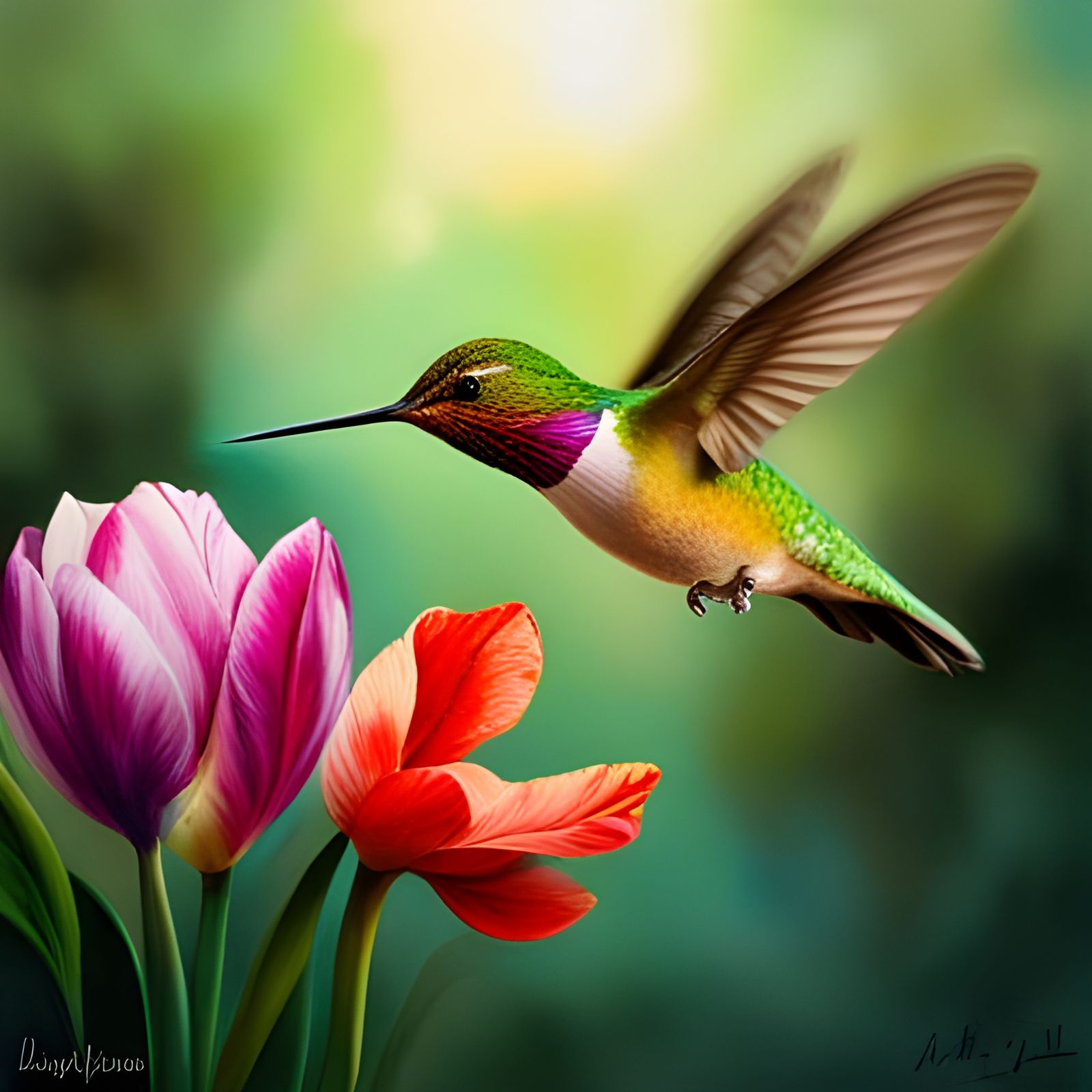 Hummingbird eating a Tulip