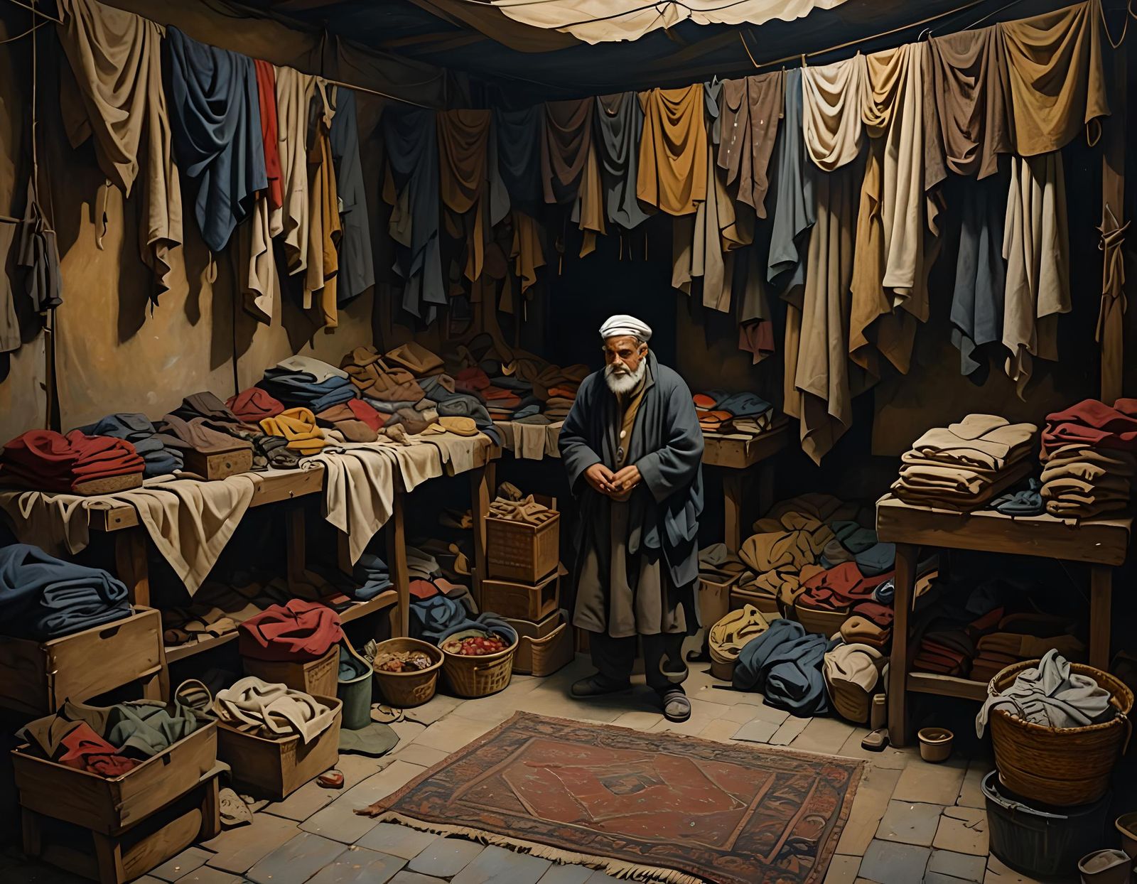 Destitute Merchant in Cluttered Stall: An Oil Painting