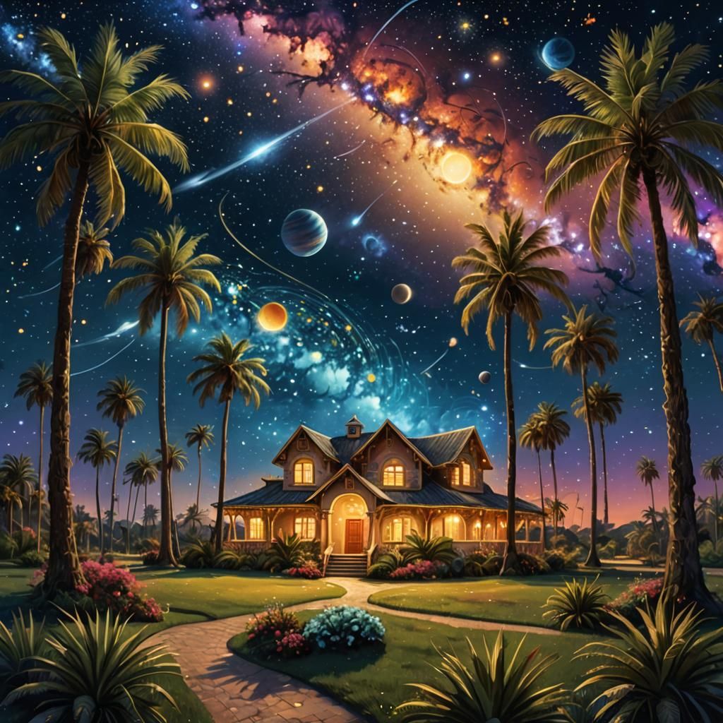 Mystical Cosmic Realm with Dancing Planets and Palm Trees