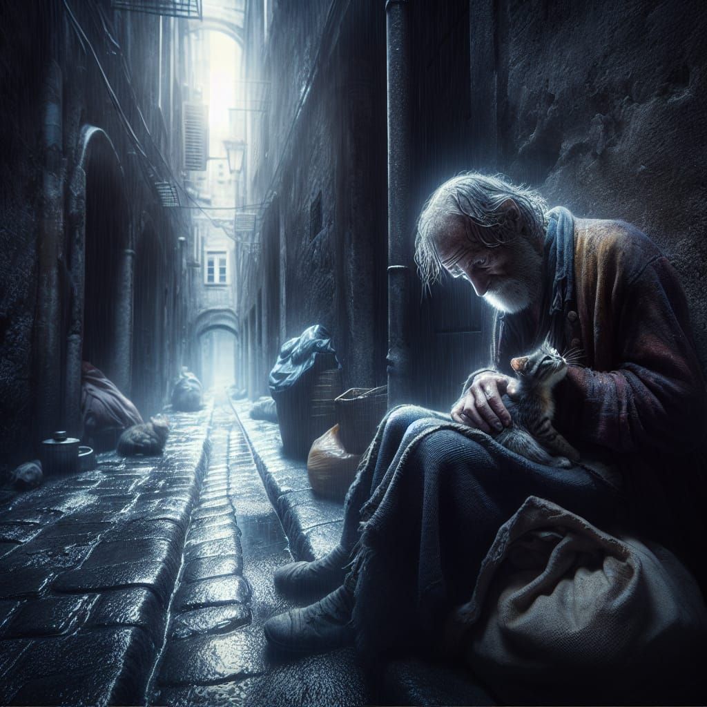 Homeless Man and Kitten in Rainy Alley Photo