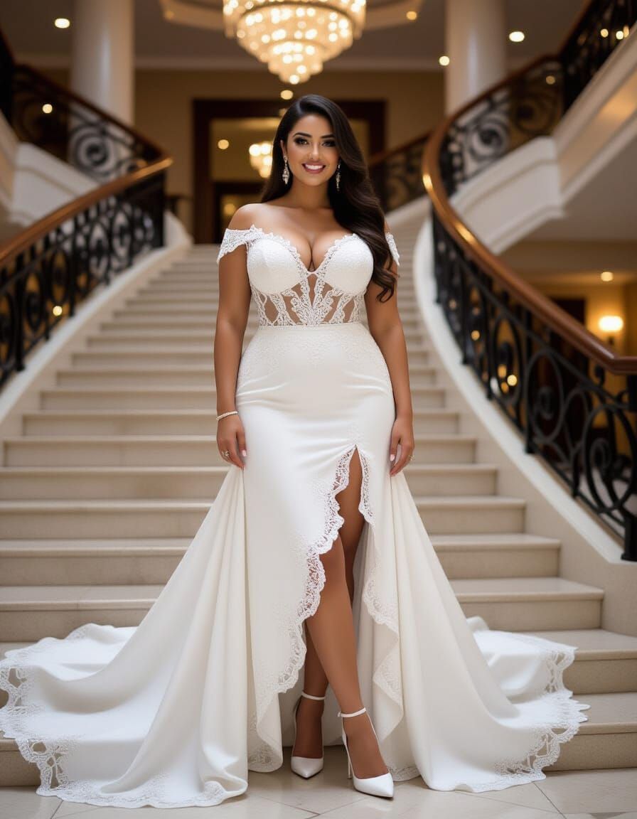 Egyptian Woman in Lace Wedding Dress on Hotel Stairs