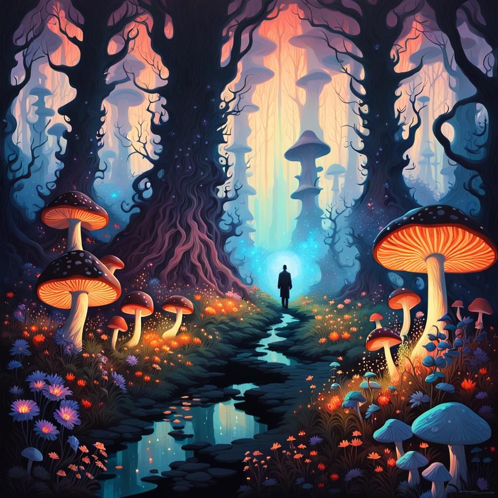 Eerie Forest Landscape with Bioluminescent Flora