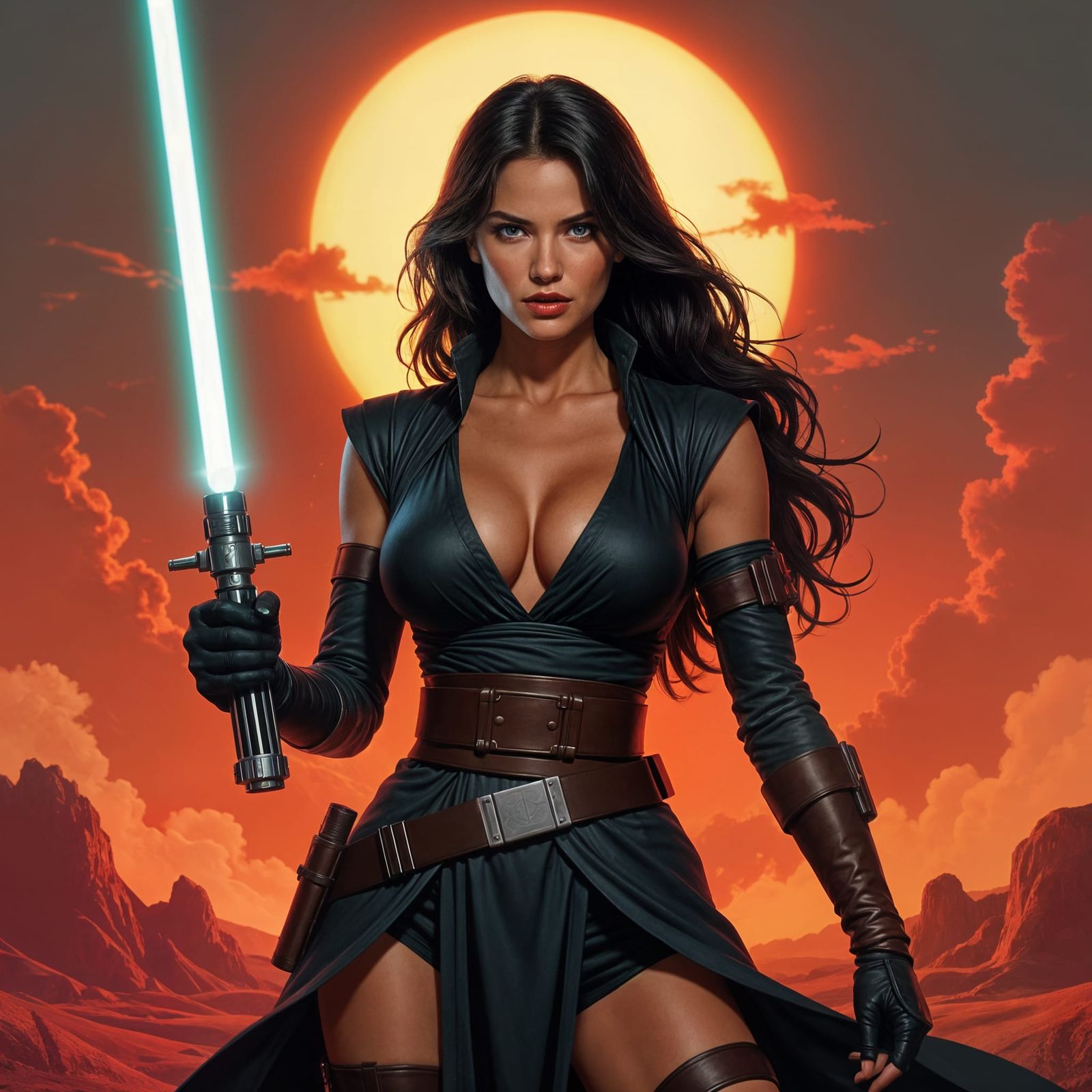 Busty Female Jedi Master in Combat Stance