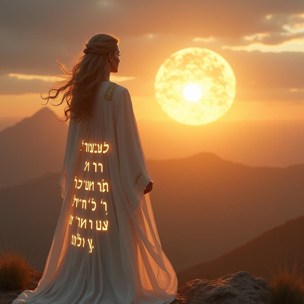 Mystical Woman Gazing at Sunrise in Fantasy World