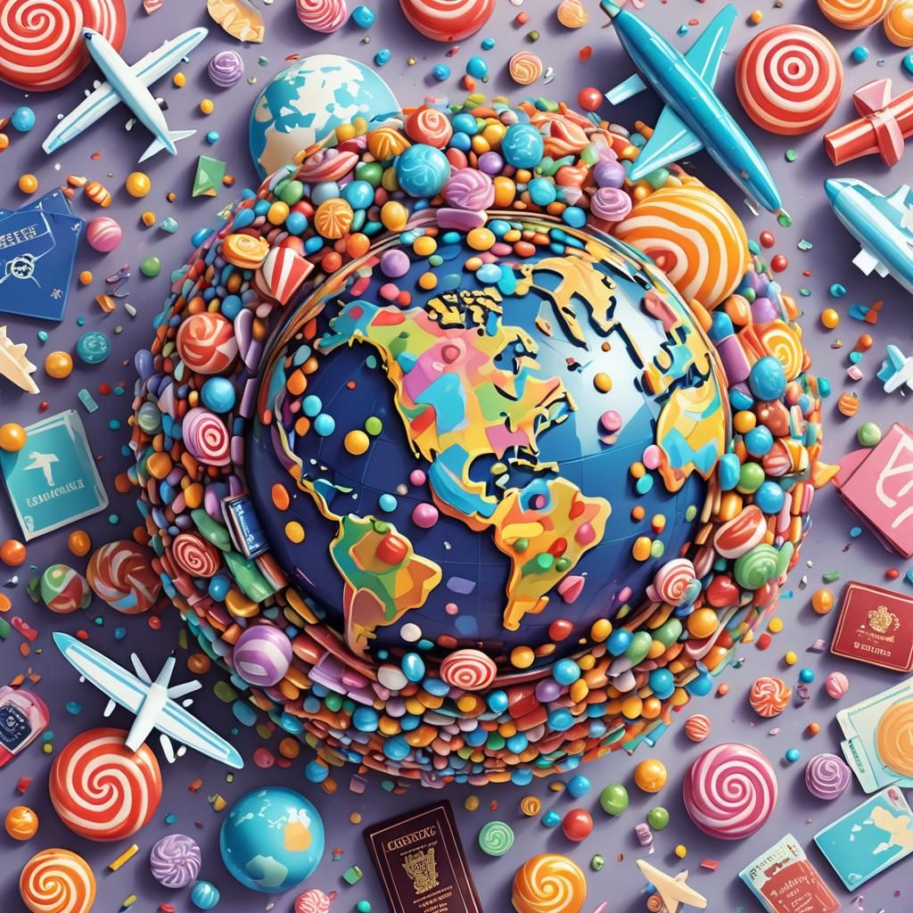 Earth Globe Surrounded by Airplanes in Candy Art