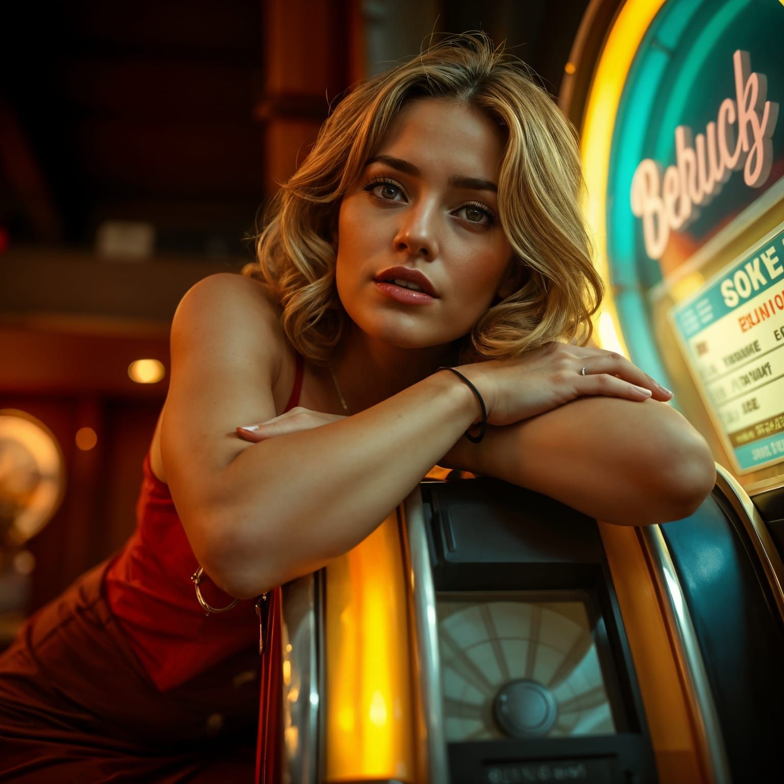 Film Noir Starlet Poses by Jukebox in Golden Neon