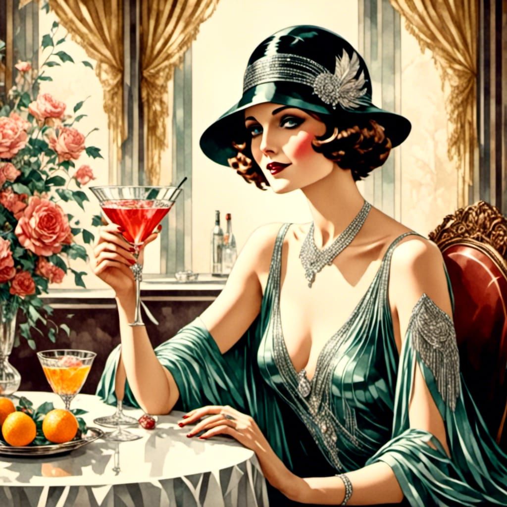 Elegant Woman Sipping Cocktail in Art Deco Style