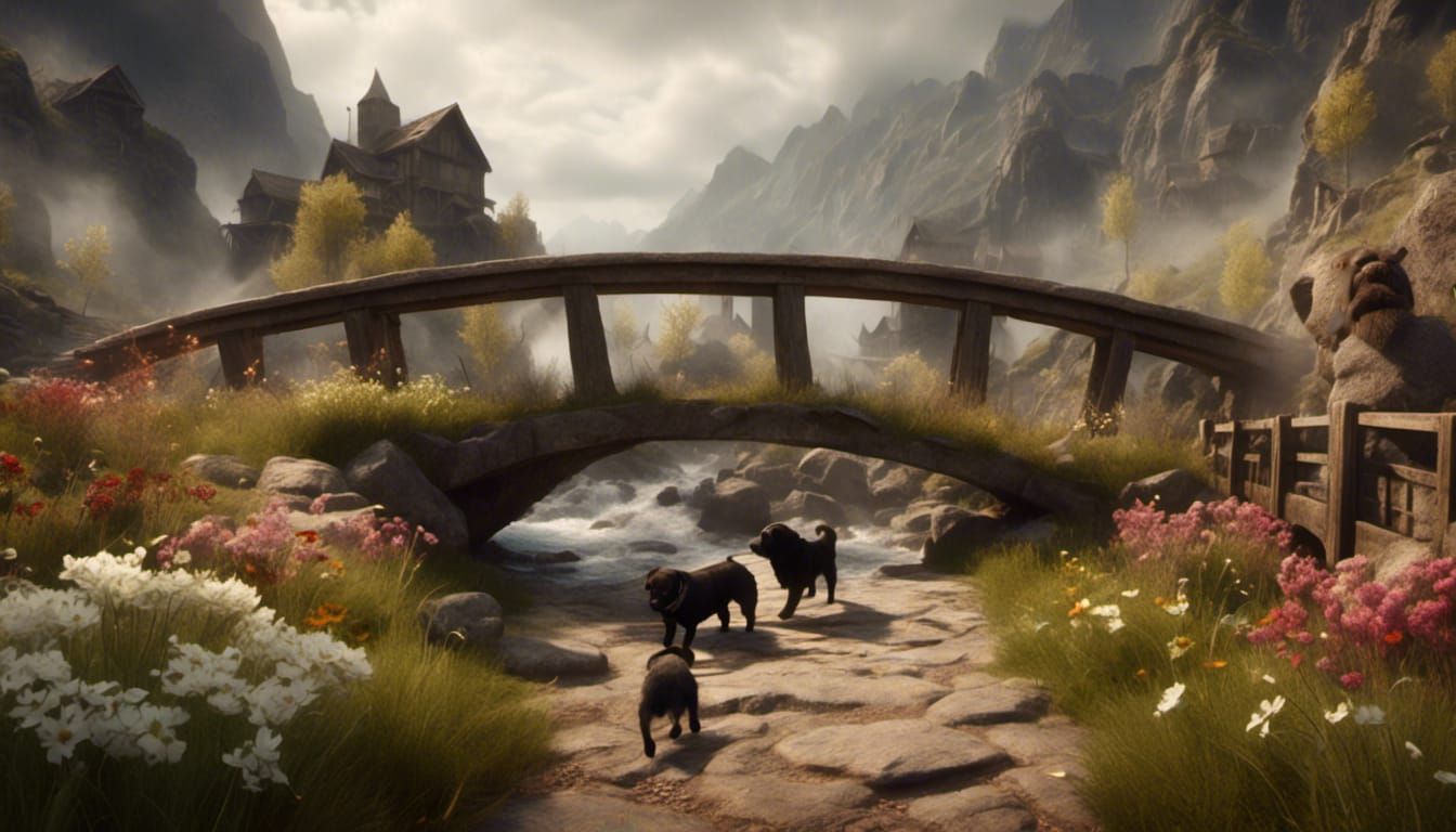 Two Pugs on a Bridge in Realistic Style