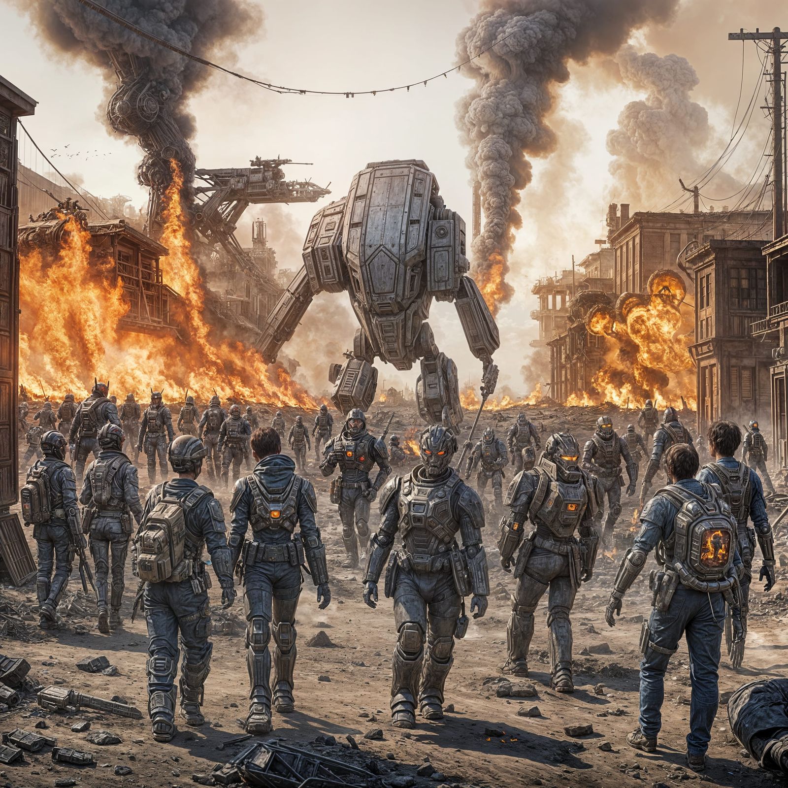 Survivors Escape Burning Alien Town with Mech Warrior