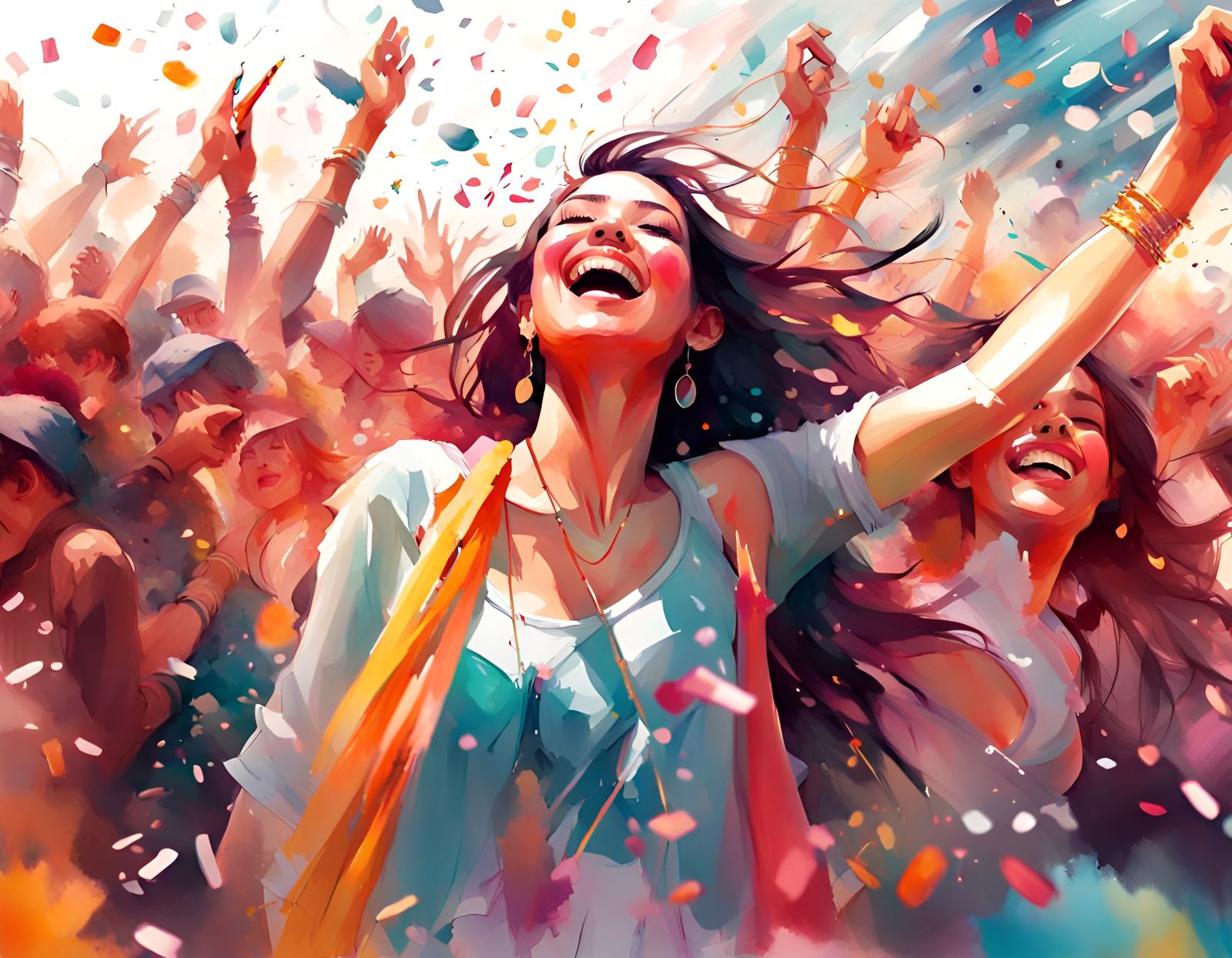 Confetti Explosion at Crowded Festival, Vector Watercolor Ar...