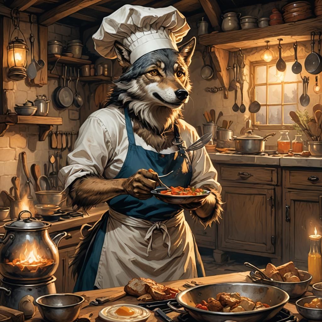 Wolf Chef Cooks Dinner: Fantasy Illustration