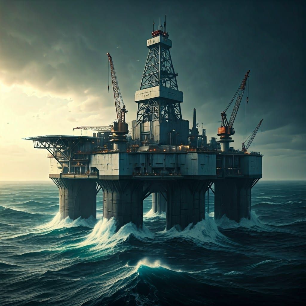 Futuristic Oil Rig Base on Stormy Ocean