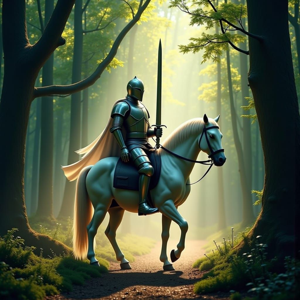 Brave Knight on Horseback in Sunlit Forest