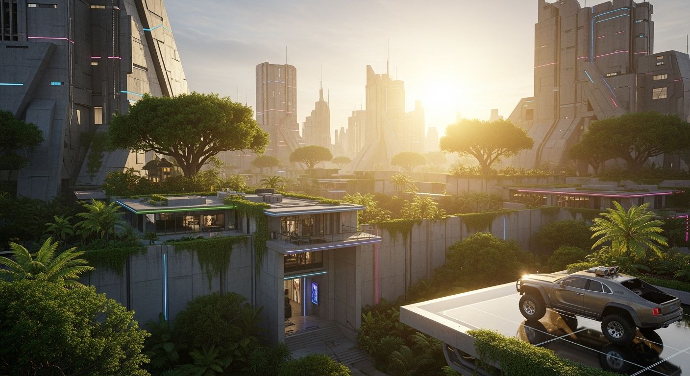 Futuristic Bunker City at Sunrise: Dystopian Architecture