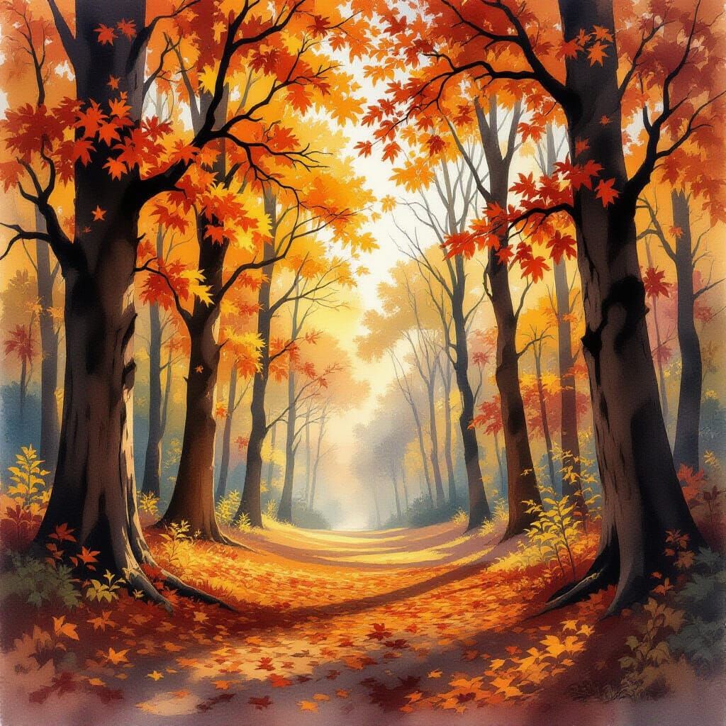 Majestic Autumn Forest Watercolor Painting