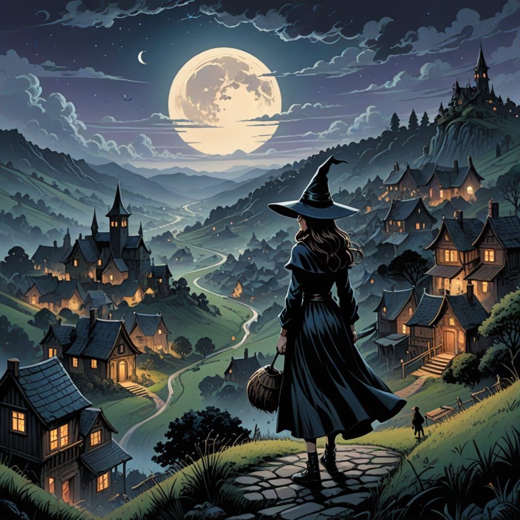 Mischievous Witch at Twilight Over Misty Valley