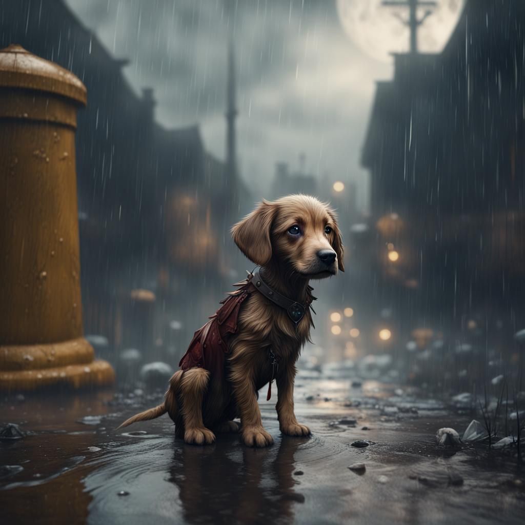 Sad Puppy in Rain: Detailed Matte Painting