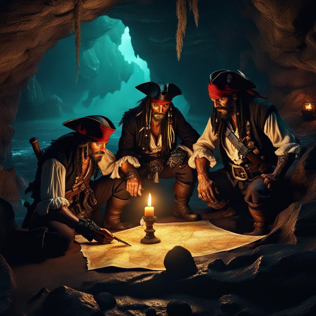 Pirates Planning Attack in Deserted Island Cave
