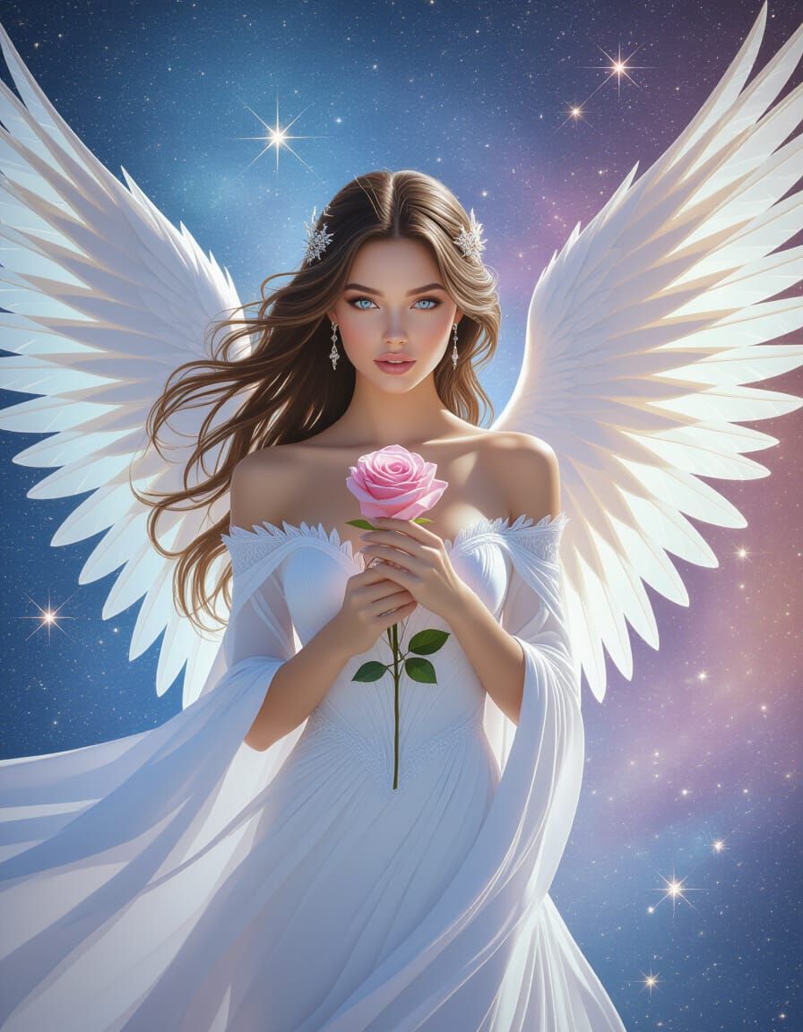Angel with Flowing Hair in a Pastel Galaxy