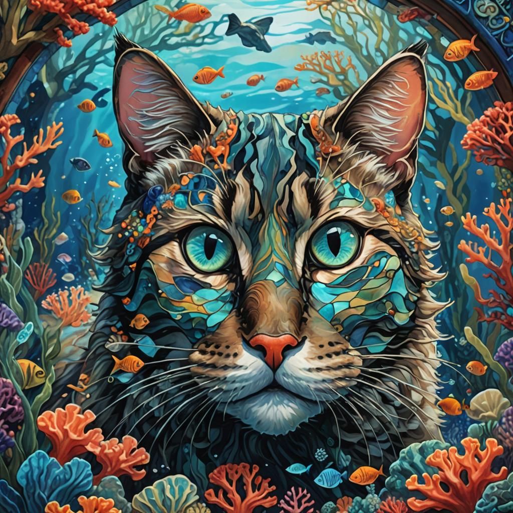 Scuba Cat in Serene Underwater Scene