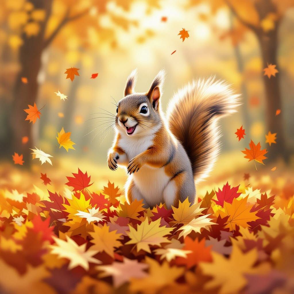 Fluffy Squirrel Jumps Into Autumn Leaves In Sunny Forest