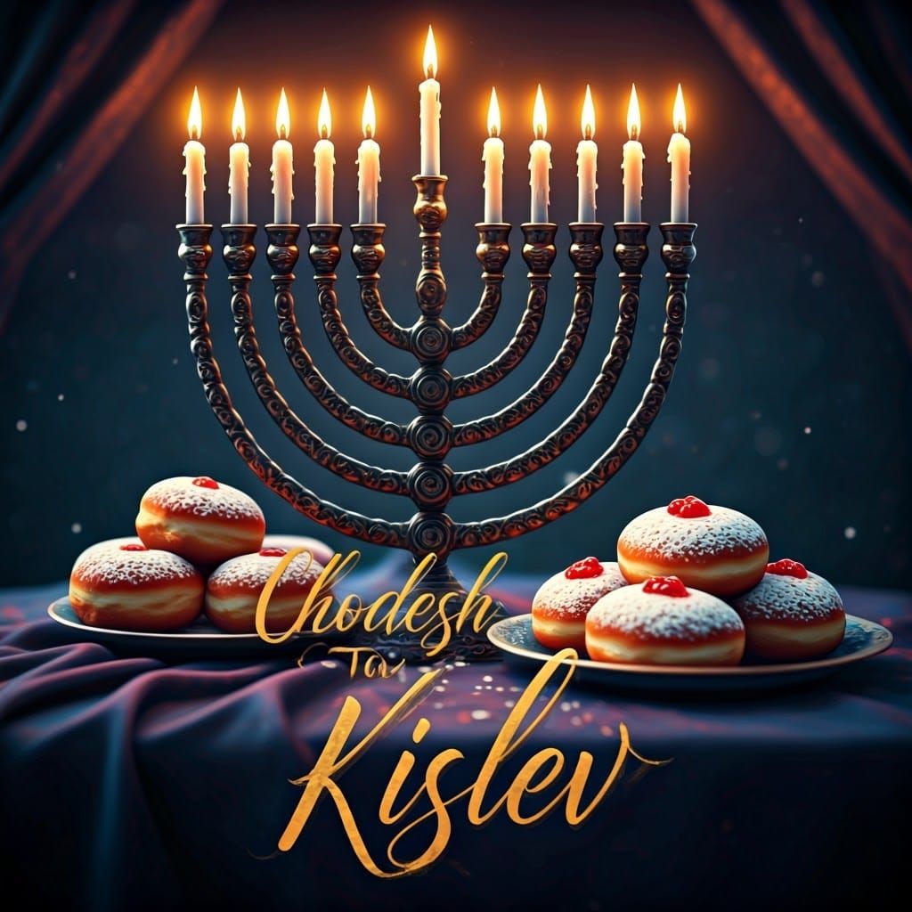 Hanukkah Menorah with Sufganiyot amidst Whimsical Winter Sce...