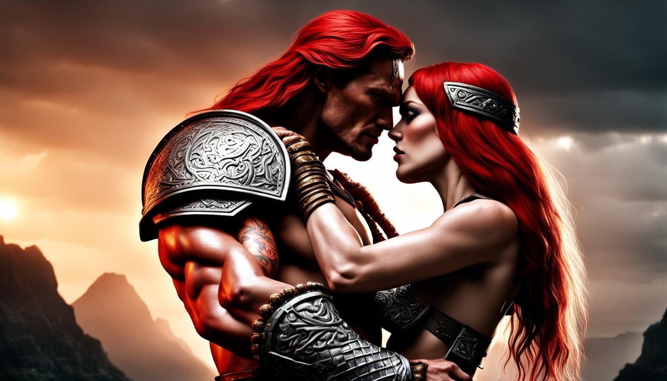 Red Sonja and Conan Kissing: Hyperrealistic Image