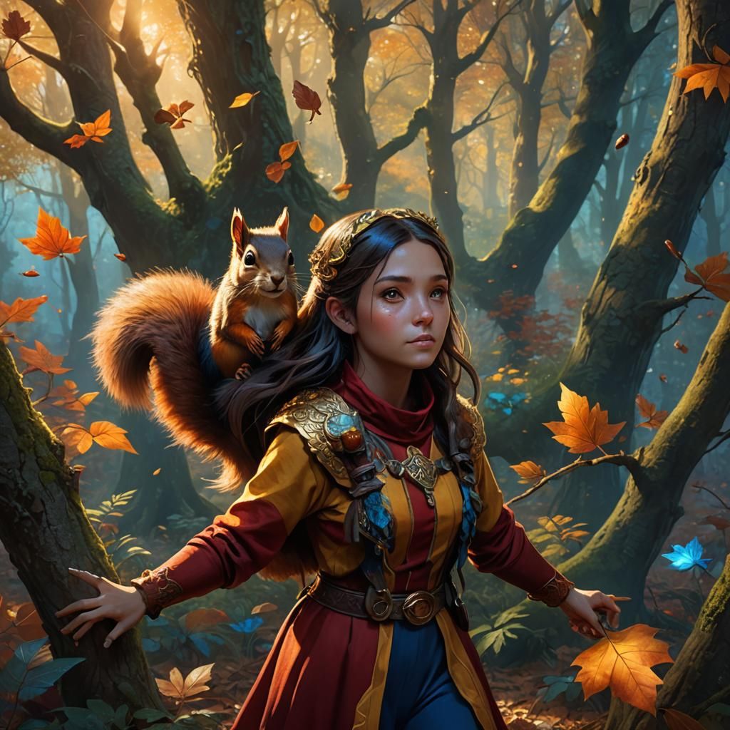 Squirrel-Faced Girl in Mystical Forest: Fantasy Art
