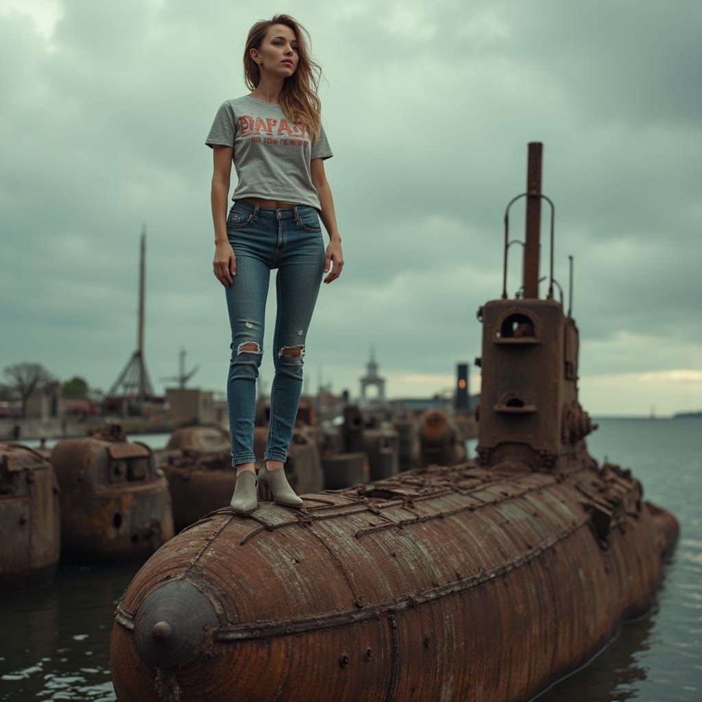 Triumphant Woman on Submarine Wreckage in Photorealistic Sty...