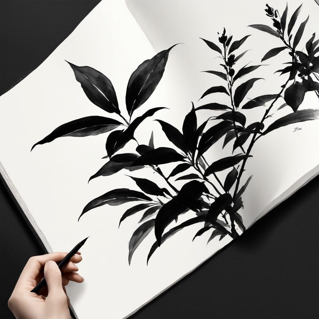 Simplified Sumi-e Painting of White Leaves
