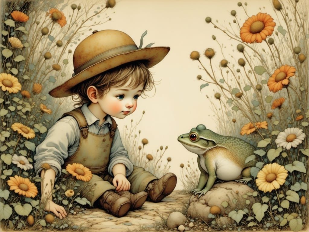 Whimsical Boy and Frog Moment in a Vintage-Inspired Scene