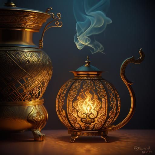 Genie Rising from Lamp in Surreal Style