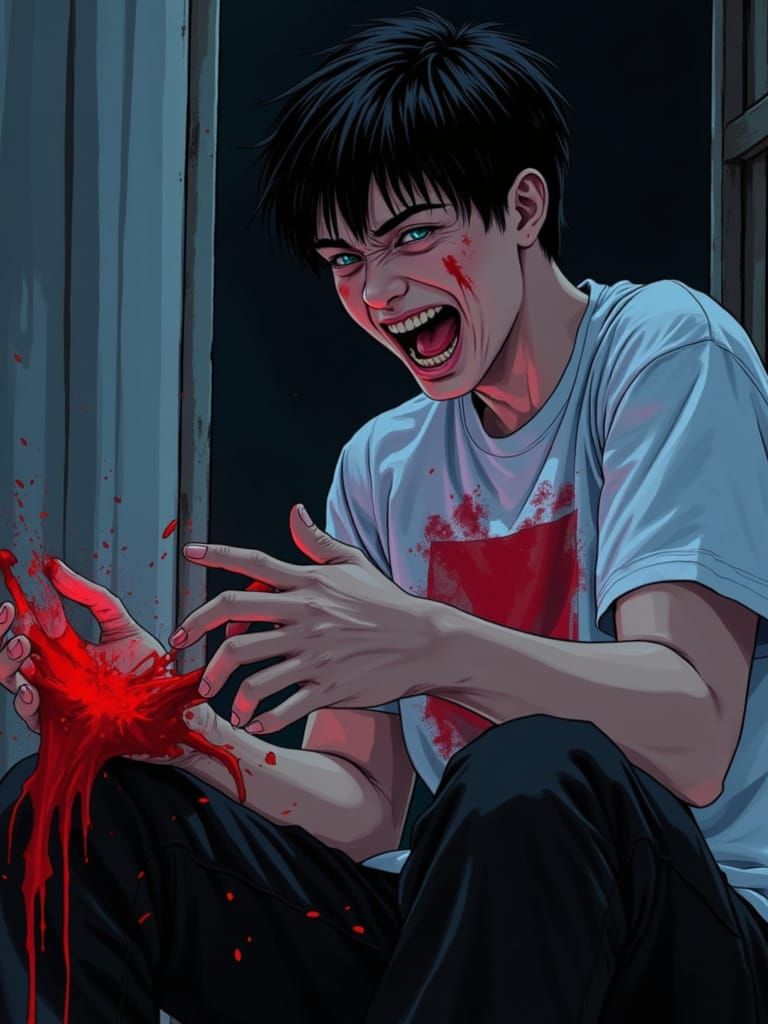 Man Laughs Manically at Bloody Hand in Deep Midnight Colors
