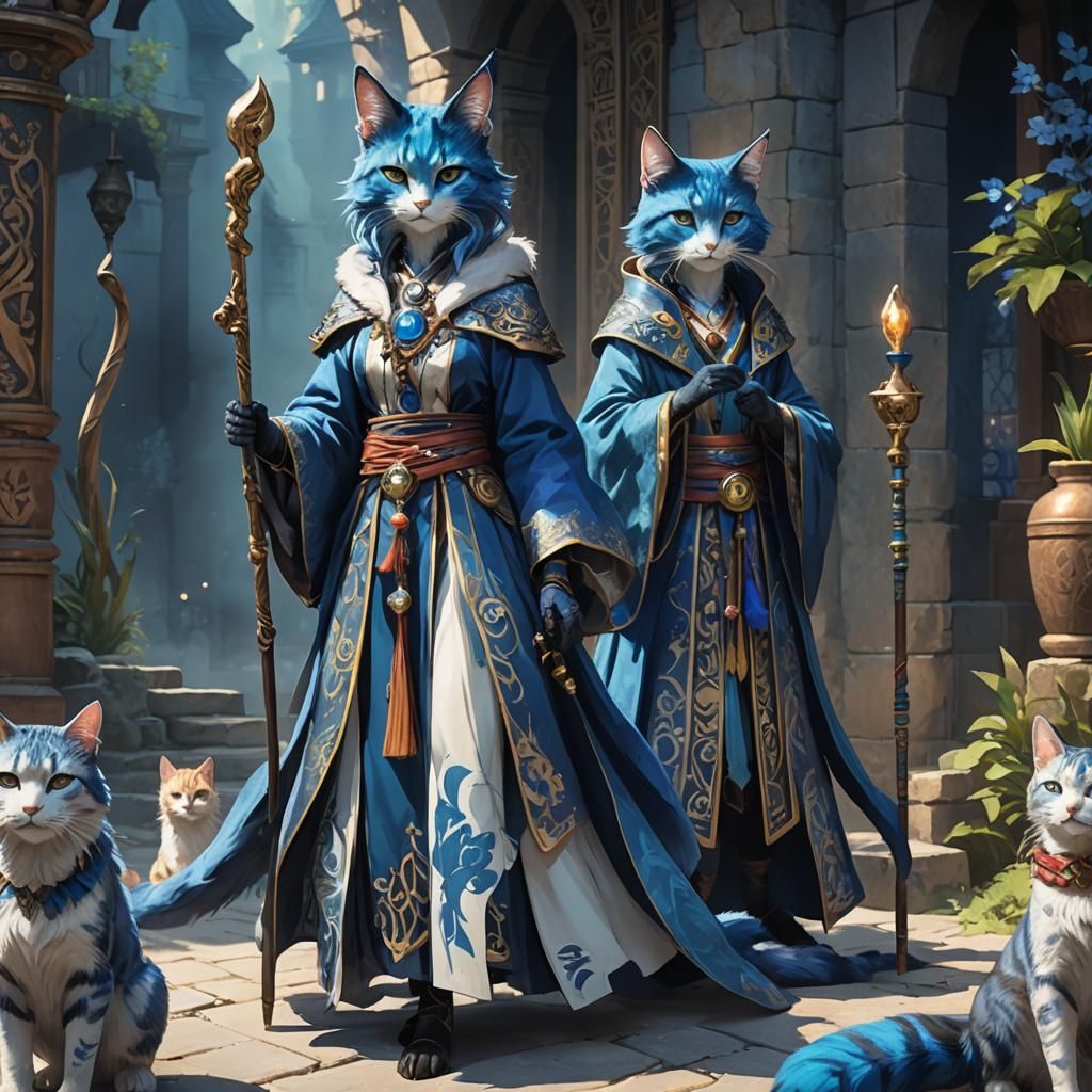Elegant Blue Catfolk Sorceress in Anime Style
