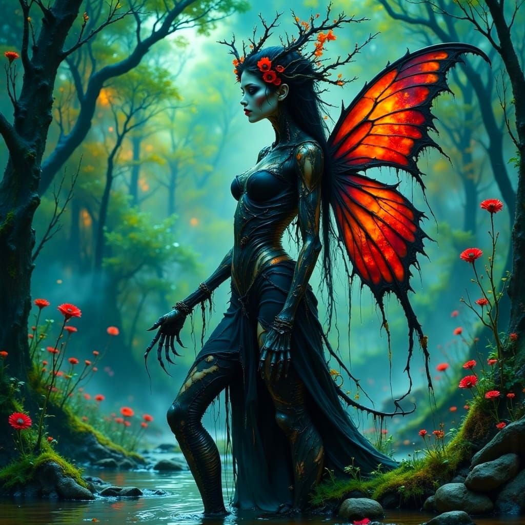 Dark Gothic Fairy Emerges from Bioluminescent Swamp