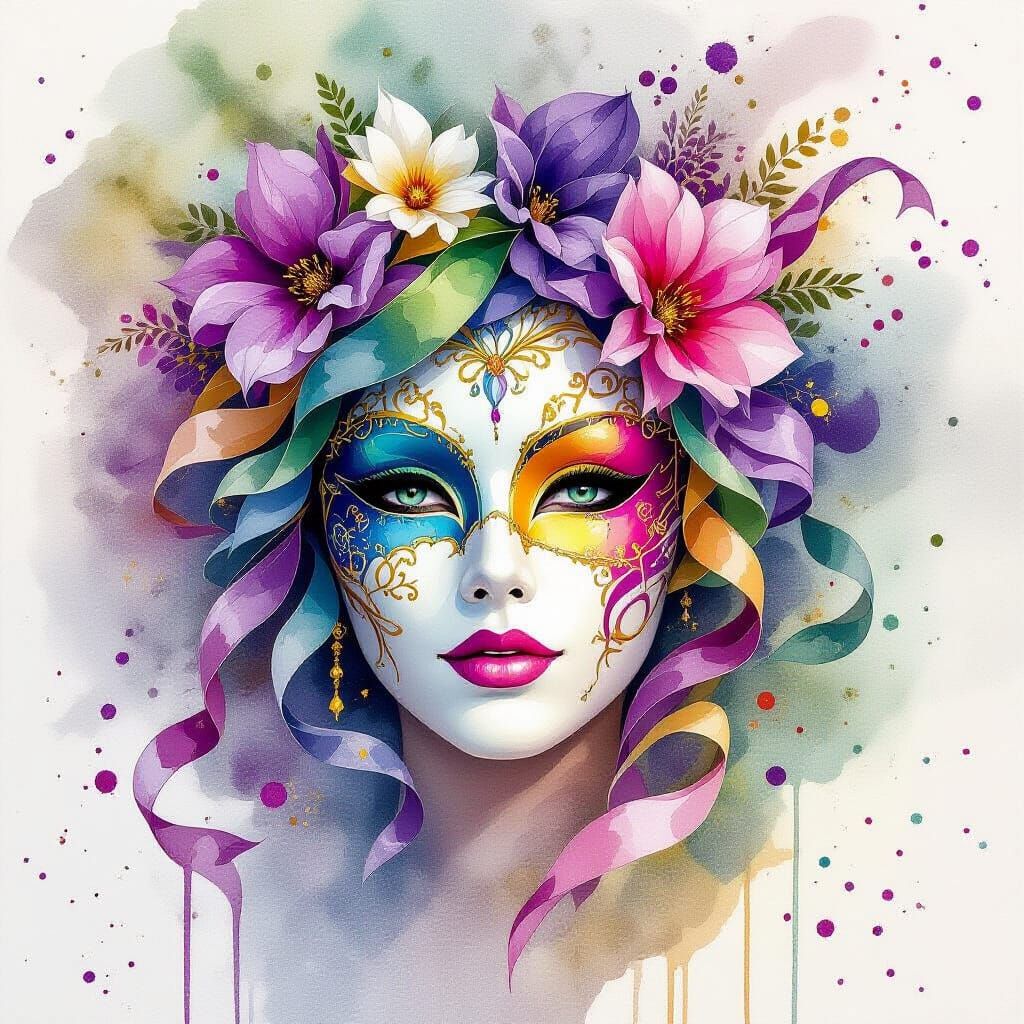 Marti Gras Masks with Flowing Ribbons and Confetti in Soft H...