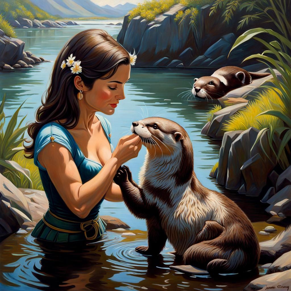 Woman Petting an Otter as Oil Painting